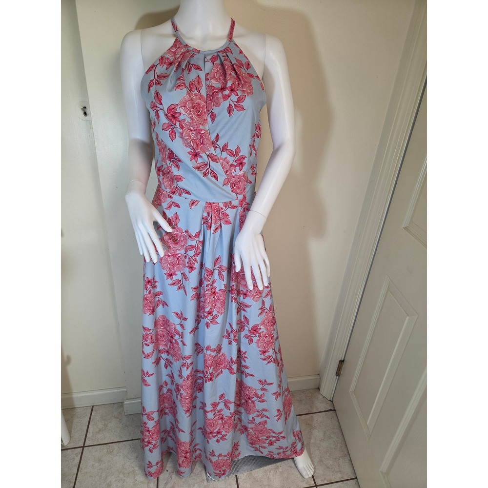 Layered‎ with Love Blue Pink Floral Halter Maxi Dress Small Pleated Front Slit